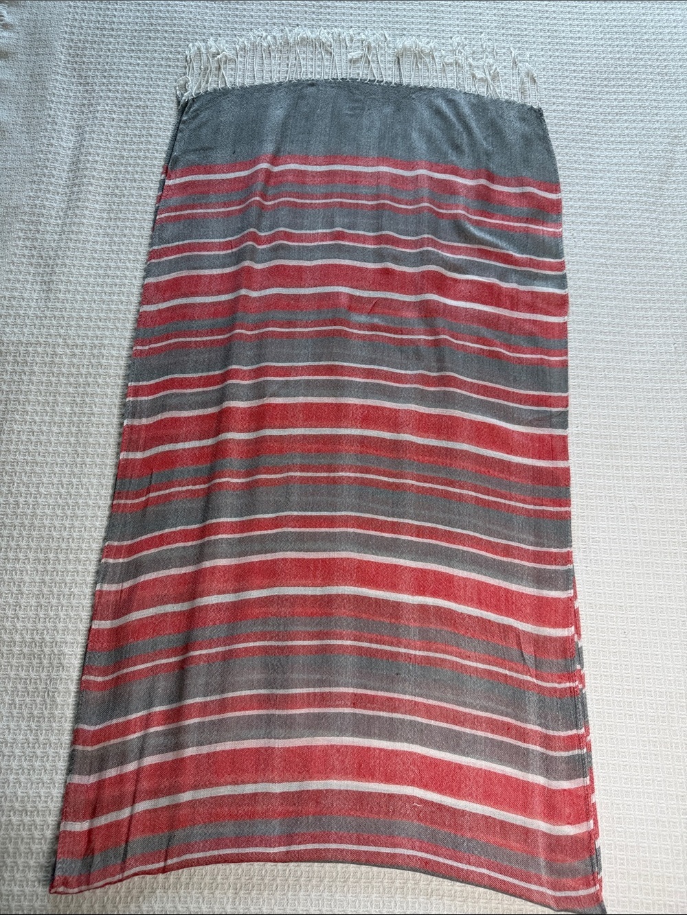 Striped cotton scarf gray, red, and white with fringe beachy, coastal, preppy
